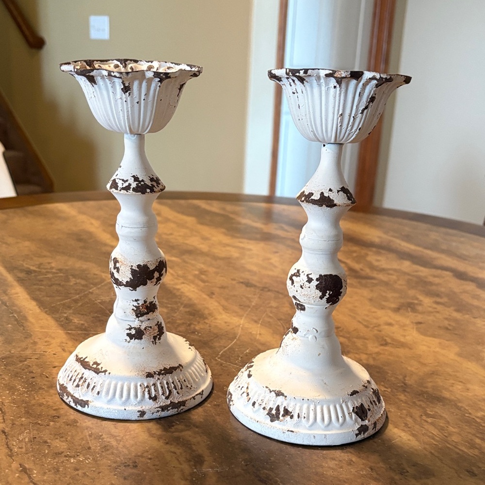 Rustic White Metal Flower Candle Holders Set of 2